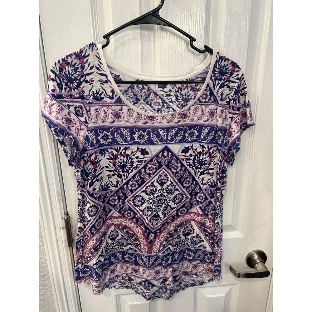 Lucky Brand T-Shirt Purple Blue Medallion Print Boho Floral Scoop Neck Tee M
